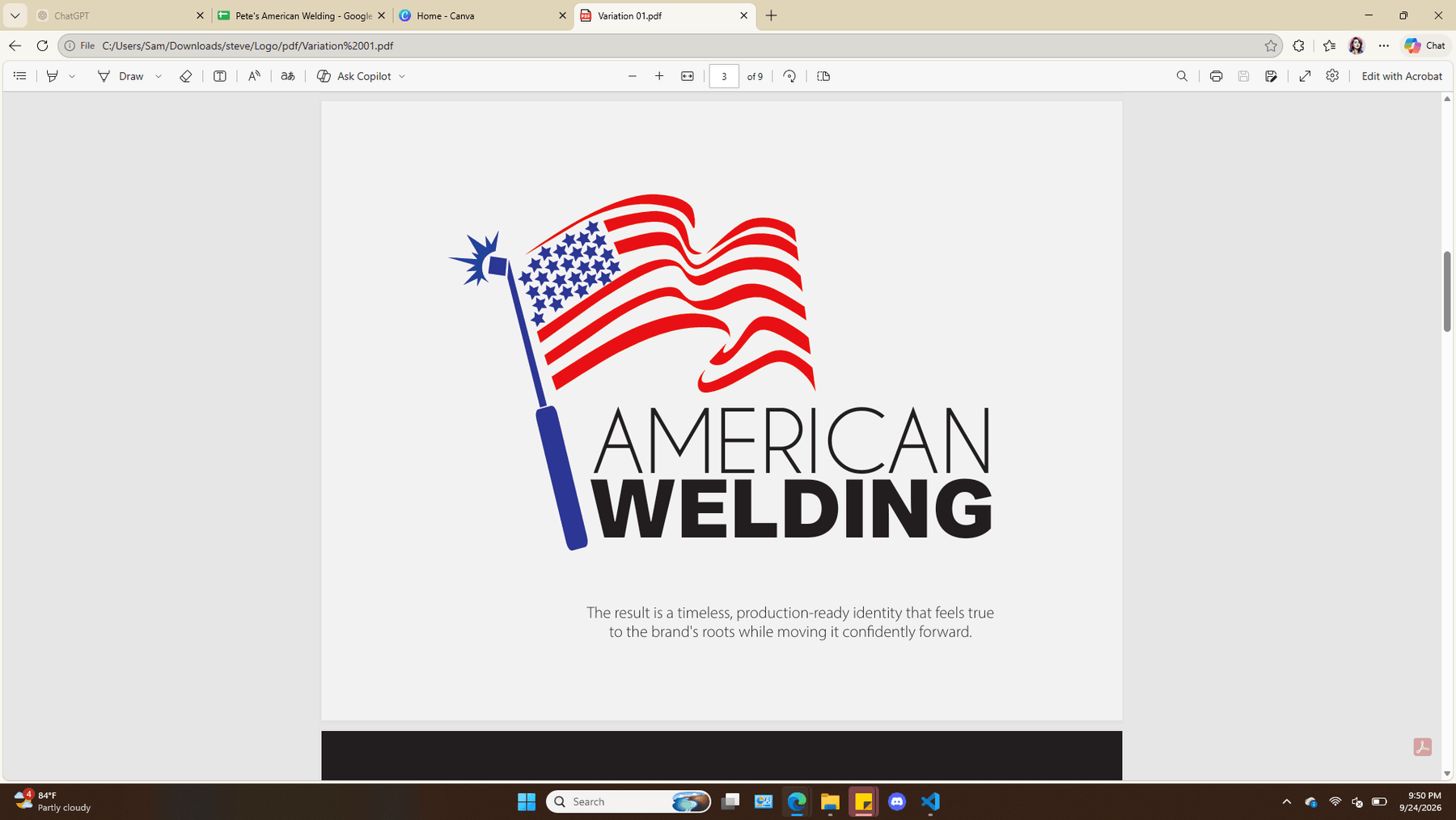 American Welding logo concept: a waving US flag whose pole is a welding electrode tipped with a blue arc spark