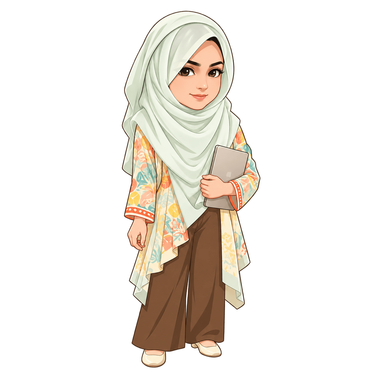 Chibi illustration of Sundas Waqar holding a laptop